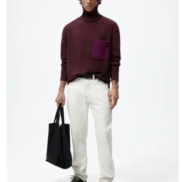 Zara Sweaters Zara Mens Contrast Pocket Burgundy Turtleneck